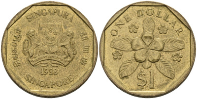 Сингапур 1 доллар 1988 барвинок KM 54b алюминиевая бронза 4556-1224