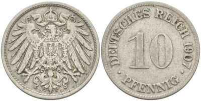 Германия 10 пфеннигов 1907 D KM 12, Jager 13, Weege 8 медно-никель 219-132