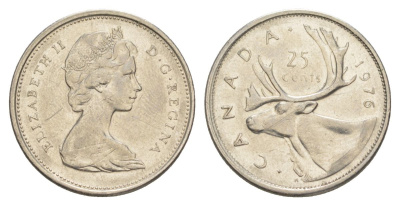 Канада 25 центов 1976 Елизавета II (1952-2022), олень KM 62b никель aUNC 4631-622