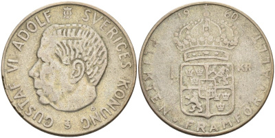 Швеция 1 крона 1960 TS, Густав VI Адольф (1950-1973) KM 826 серебро 4582-426