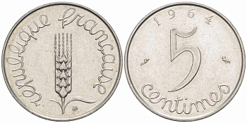 ФРАНЦИЯ 5 САНТИМОВ 1964 ПЯТАЯ РЕСПУБЛИКА KM 927, LE FRANC 124.6 хромированная сталь 105-434