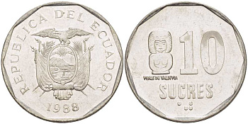ЭКВАДОР 10 СУКРЕ 1988 VENUS DE VALDIVIA KM 92.1 сталь плакированная никелем 54-2632