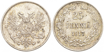 Россия для Финляндии 25 пенни 1917 S, временное правительство, без короны KM 19, Биткин 2 серебро 100-667