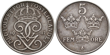 Швеция 5 эре 1947 Густав V(1907-1950) KM 812 железо 4571-817