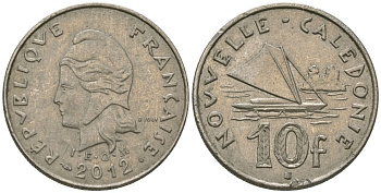 Французская Новая Каледония 10 франков 2012 рыбачья парусная лодка, (IEOM) KM 11a, Schoen 13a, Lec 99k медно-никель 65-547
