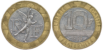 Франция 10 франков 1989 тип гений Бастилии KM 964.1, Le Franc 375.3 биметалл 45-543