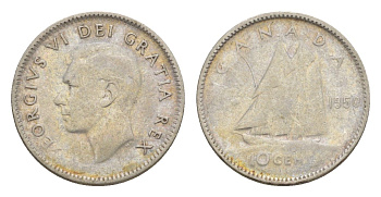 Канада 10 центов 1950 Георг VI (1936-1952), парусник KM 43 серебро 4639-555