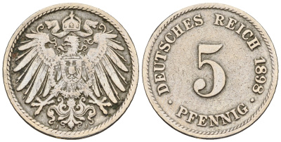 Германия 5 пфеннигов 1897 J, KM 11, Jager 12, Weege 6 медно-никель 220-741