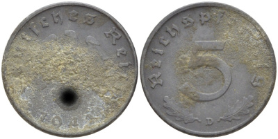 ГЕРМАНИЯ 5 РЕЙХСПФЕННИГОВ 1942 D KM 100, J. 370 цинк 216-1022