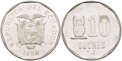 Эквадор 10 сукре 1988 VENUS DE VALDIVIA KM 92.1 сталь плакированная никелем 4681-414