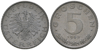 Австрия 5 грошей 1965 из ролла KM 2875 цинк  UNC  M39-09