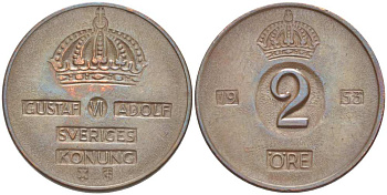 Швеция 2 эре 1955 TS, Густав VI Адольф (1950-1973) KM 821 бронза 4513-1247