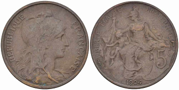 ФРАНЦИЯ 5 САНТИМОВ 1904 ТИП ДАНИЭЛЬ ДЮПЮИ KM 842, LE FRANC 119.14 бронза 108-844