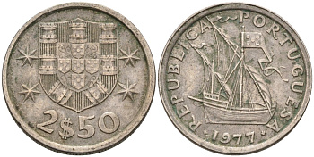 Португалия 2,5 эскудо 1977 парусник KM 590 медно-никель 4567-749