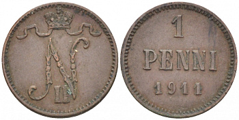 Россия для Финляндии 1 пенни 1911 Николай II (1894-1917) KM 13, Биткин 471 медь 4396-1336