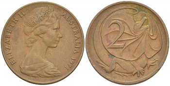 АВСТРАЛИЯ 2 ЦЕНТА 1971 ЕЛИЗАВЕТА II, МОЛОДОЙ ПОРТРЕТ, ПЛАЩЕНОСНАЯ ЯЩЕРИЦА (FRILLED LIZARD) KM 63 бронза 4539-943