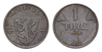 Норвегия 1 эре 1942 Хокон VII (1905-1957) KM 387 железо 4658-123