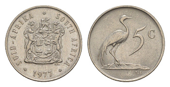 ЮАР 5 центов 1977 герб, райский журавль KM 84 никель UNC 4602-1244