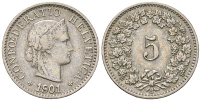 Швейцария 5 раппенов 1901 B KM 26 медно-никель 4158-1152