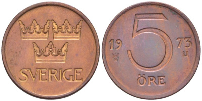 Швеция 5 эре 1973 U, Густав VI Адольф (1950-1973) KM 845 бронза 4516-759