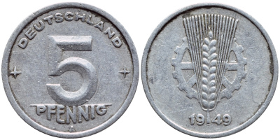 ГДР 5 ПФЕННИГОВ 1949 А KM 2 алюминий 4398-751