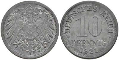 ГЕРМАНИЯ 10 ПФЕННИГОВ 1921 KM 26, J. 299 цинк 4401-152