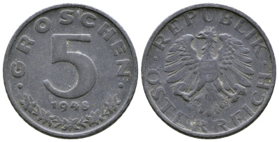 АВСТРИЯ 5 ГРОШЕЙ 1948 KM 2875 цинк 57-1111