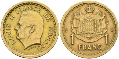 Монако 1 франк 1945 Луи II (1922-1949) KM 120 a алюминиевая бронза 4116-326