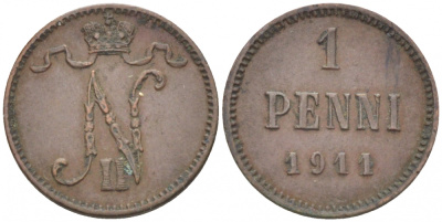 Россия для Финляндии 1 пенни 1911 Николай II (1894-1917) KM 13, Биткин 471 медь 4396-1336