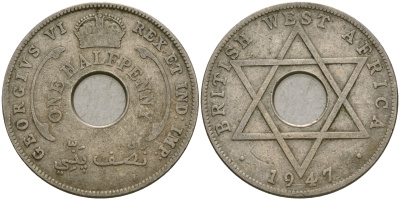 Британская Западная Африка 1/2 пенни 1947 KN, Георг VI KM 18 медно-никель 25-1052