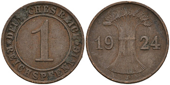 Германия 1 рейхспфенниг 1924 J KM 37, J. 313 бронза 4516-334