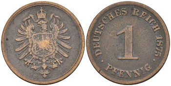 ГЕРМАНИЯ 1 ПФЕННИГ 1875 C, СТАРОГЕРБОВКА KM 1, J. 1, Weege 1 медь 206-1029