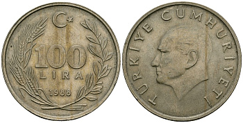 Турция 100 лир 1988 KM 967 медь цинк никель 115-1225