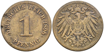 ГЕРМАНИЯ 1 ПФЕННИГ 1896 G KM 10, Jager. 10, Weege 2 медь 4528-1142