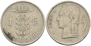 БЕЛЬГИЯ 1 ФРАНК 1951 BELGIE, БОДУЭН I (1951-1993) KM 143.1 медно-никель 119-535