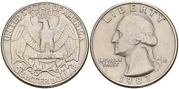 США 25 ЦЕНТОВ = КВОТЕР 1987 D, ВАШИНГТОН KM А164a медь плакированная медно-никелем 190-346