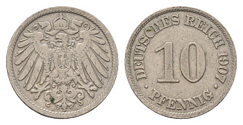 Германия 10 пфеннигов 1907 A, Вильгельм II (1888-1918) KM 12, J. 13 медно-никель 4636-858