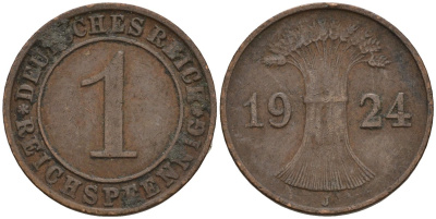 Германия 1 рейхспфенниг 1924 J KM 37, J. 313 бронза 4516-334