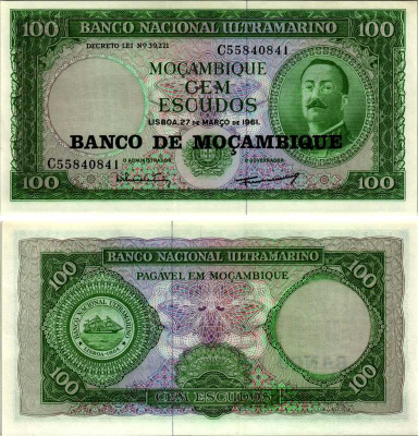 Мозамбик 100 эскудо 1961 (1976) надпечатка на 1961, Айрес де Орнелас  Pick 117 a бумага UNC (пресс) 7487-10-2