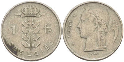 БЕЛЬГИЯ 1 ФРАНК 1951 BELGIE, БОДУЭН I (1951-1993) KM 143.1 медно-никель 119-535