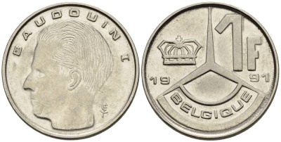 БЕЛЬГИЯ 1 ФРАНК 1991 BELGIQUE KM 170 сталь плакированная никелем 4528-1041