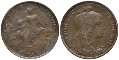 ФРАНЦИЯ 5 САНТИМОВ 1917 ТИП ДАНИЭЛЬ ДЮПЮИ KM 842, LE FRANC 119.30 бронза 67-124