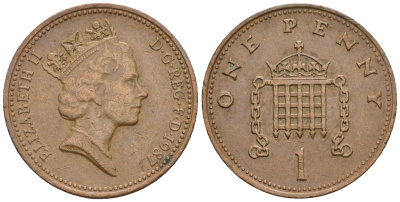 Великобритания 1 пенни 1987 Елизавета II (1952-2022) КМ 935, Spink 4381 (B3) бронза 4609-523