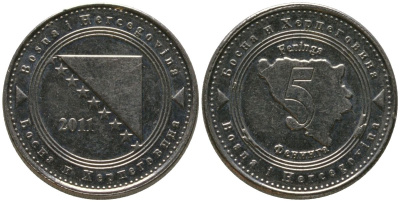 Босния и Герцеговина 5 фенингов 2011 KM 121 сталь плакированная никелем 4549-166