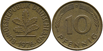ФРГ 10 ПФЕННИГОВ 1976 D KM 108, J.383 сталь плакированная латунью 33-132