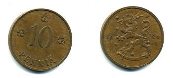 Финляндия 10 пенни 1924 республика (1918-1962) KM 24 медь 46-2121