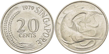 СИНГАПУР 20 ЦЕНТОВ 1979 ГОЛУБОЙ МАРЛИН, ТУНЕЦ KM 4 медно-никель UNC 210-1033