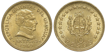 Уругвай 10 песо 1965 KM 48 алюминиевая бронза 4574-931