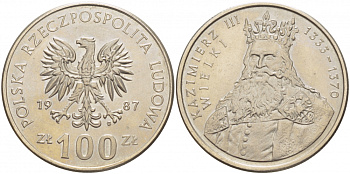 Польша 100 злотых 1987 MW, серия Польские короли, король Казимир III Великий (1333-1370) KM 167 медно-никель 3996-114