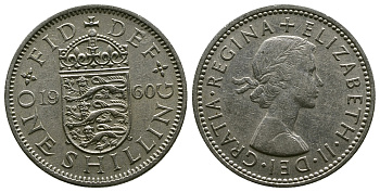 Великобритания 1 шиллинг 1960 Елизавета II (1952-2022), Английский герб KM 904, Spink 4147 медно-никель 4384-417